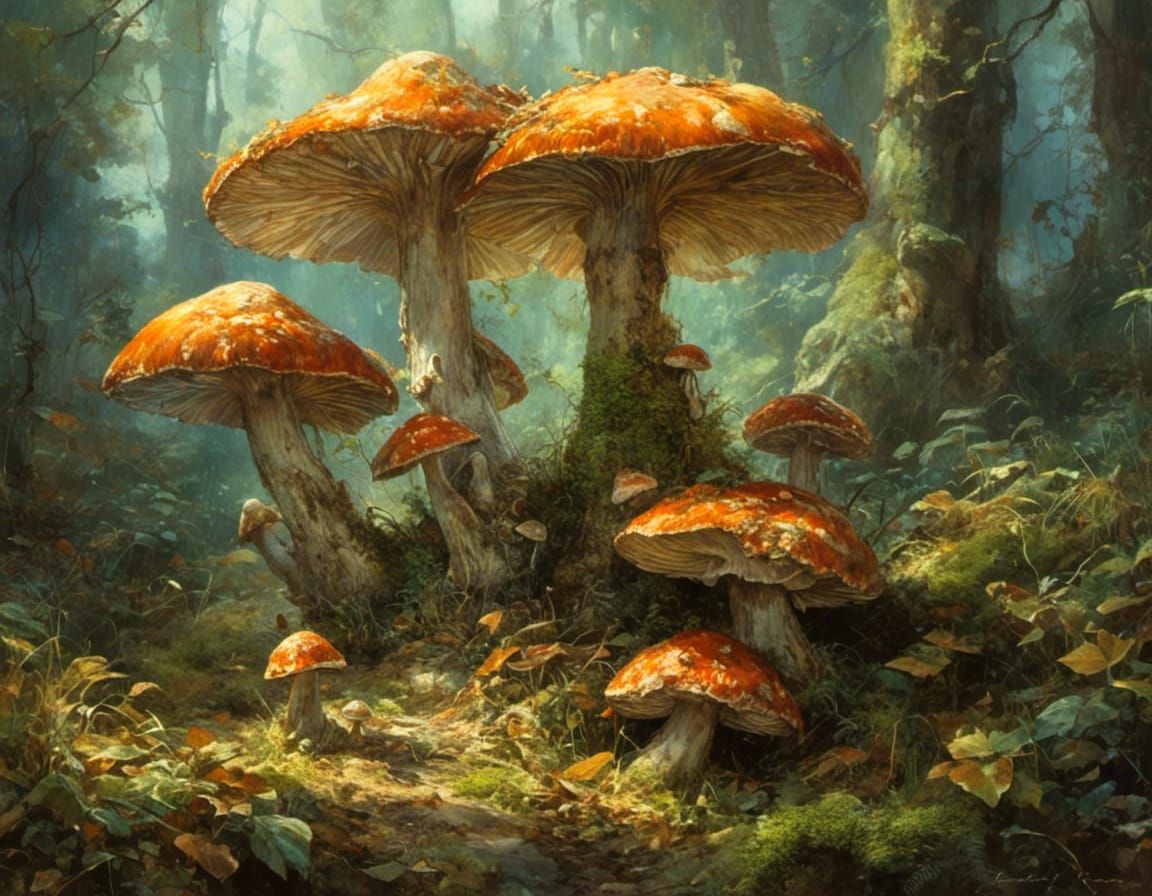 Enchanting Forest: Whimsical Mushrooms in Dappled Light