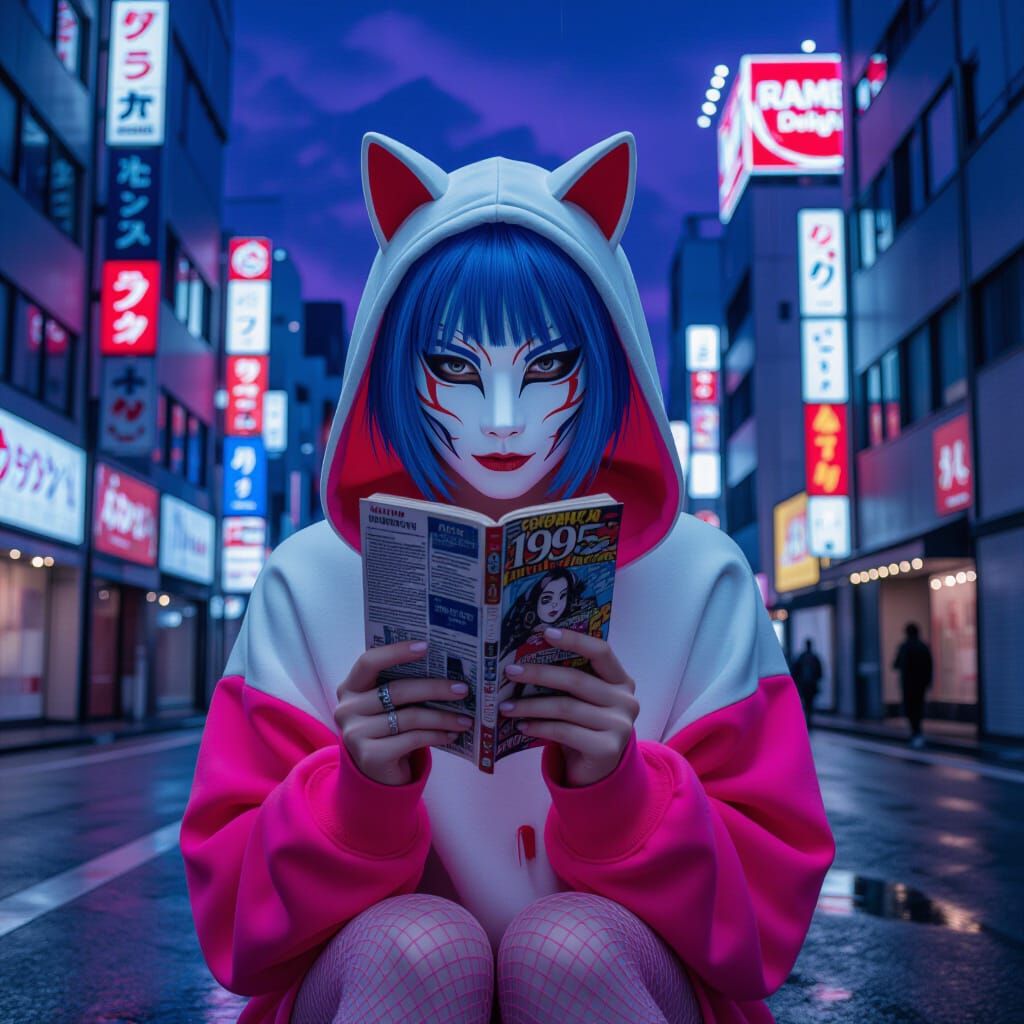 Electric Blue Hair Woman in Kitsune Mask | Tokyo Cityscape