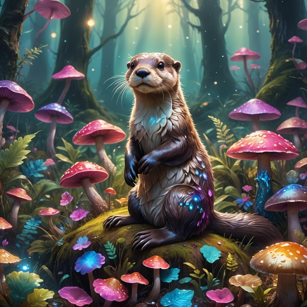 Otter on Glowing Mushroom in Misty Forest