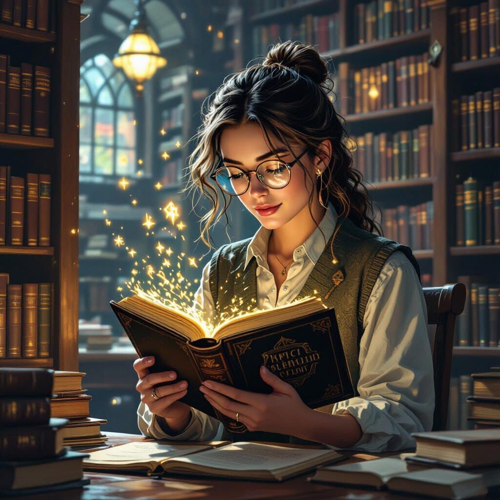 Librarian Discovering a Portal Book in Retro Sci-Fi Style