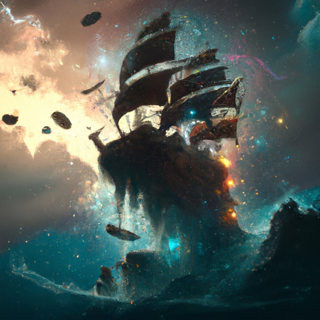 Cosmic Pirate Ship Amidst Planetary Remains