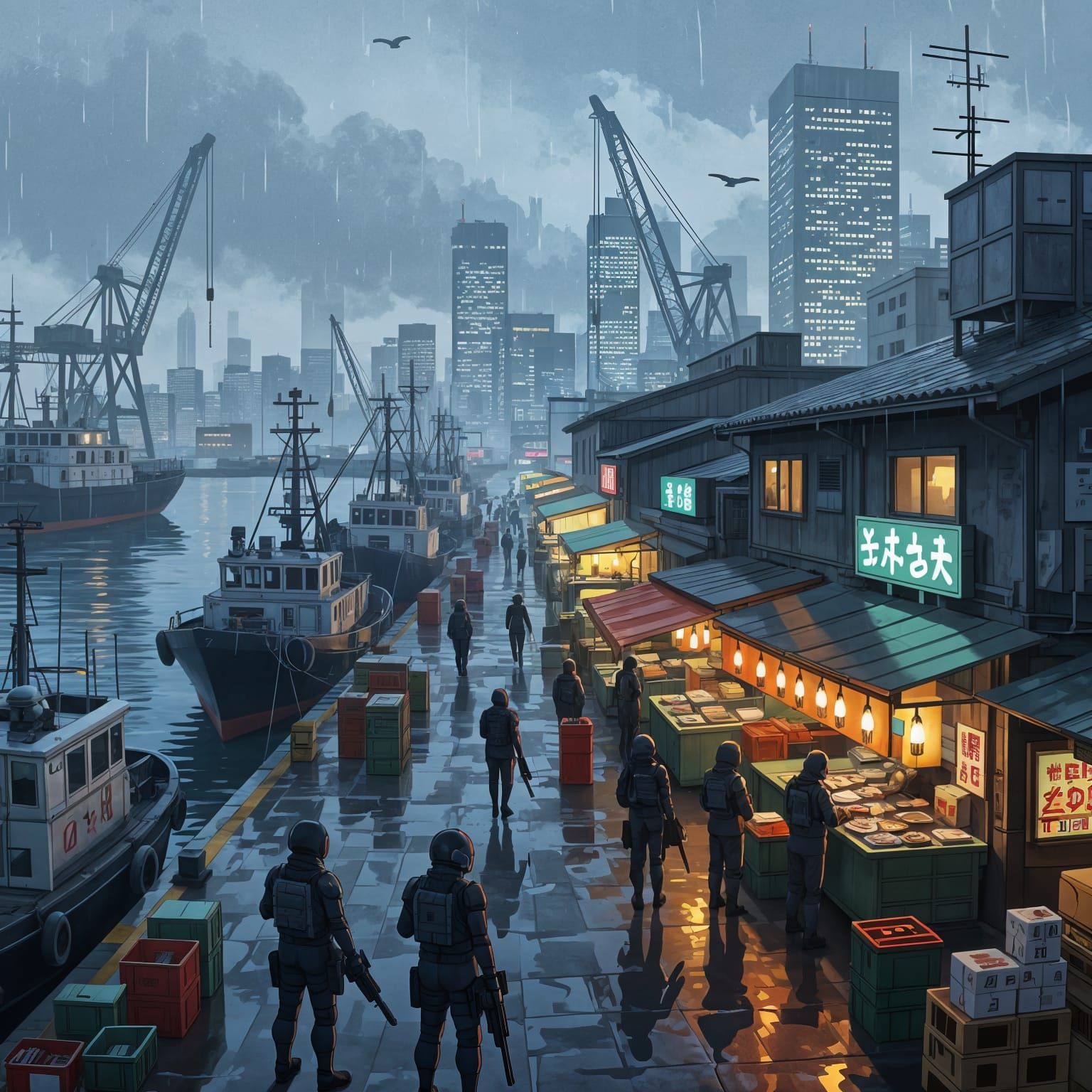 Post-Apocalyptic Japanese Fishing Market in Retro Anime Styl...