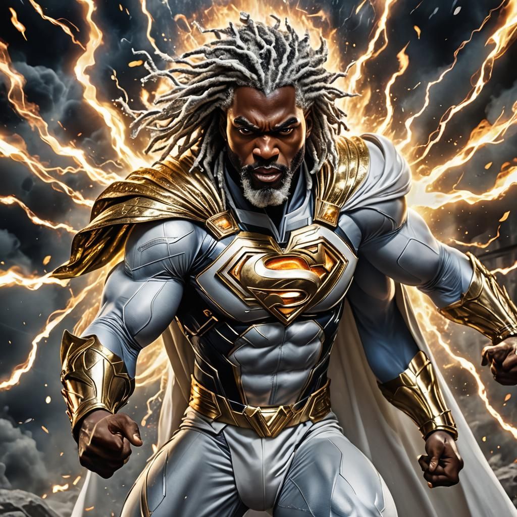 Hyperrealistic Black Superman in White and Gold