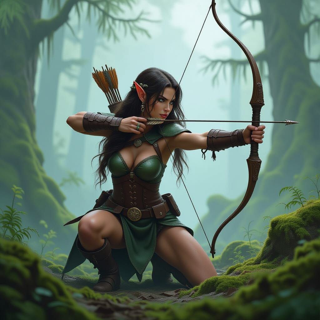 Elf Hunting Bigfoot in Misty Forest, Detailed Textures