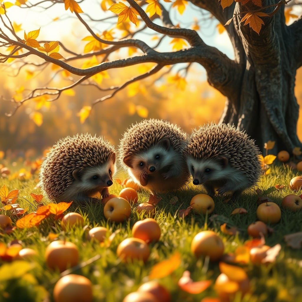 Whimsical Autumn Wonderland with Hedgehogs and Golden Apples
