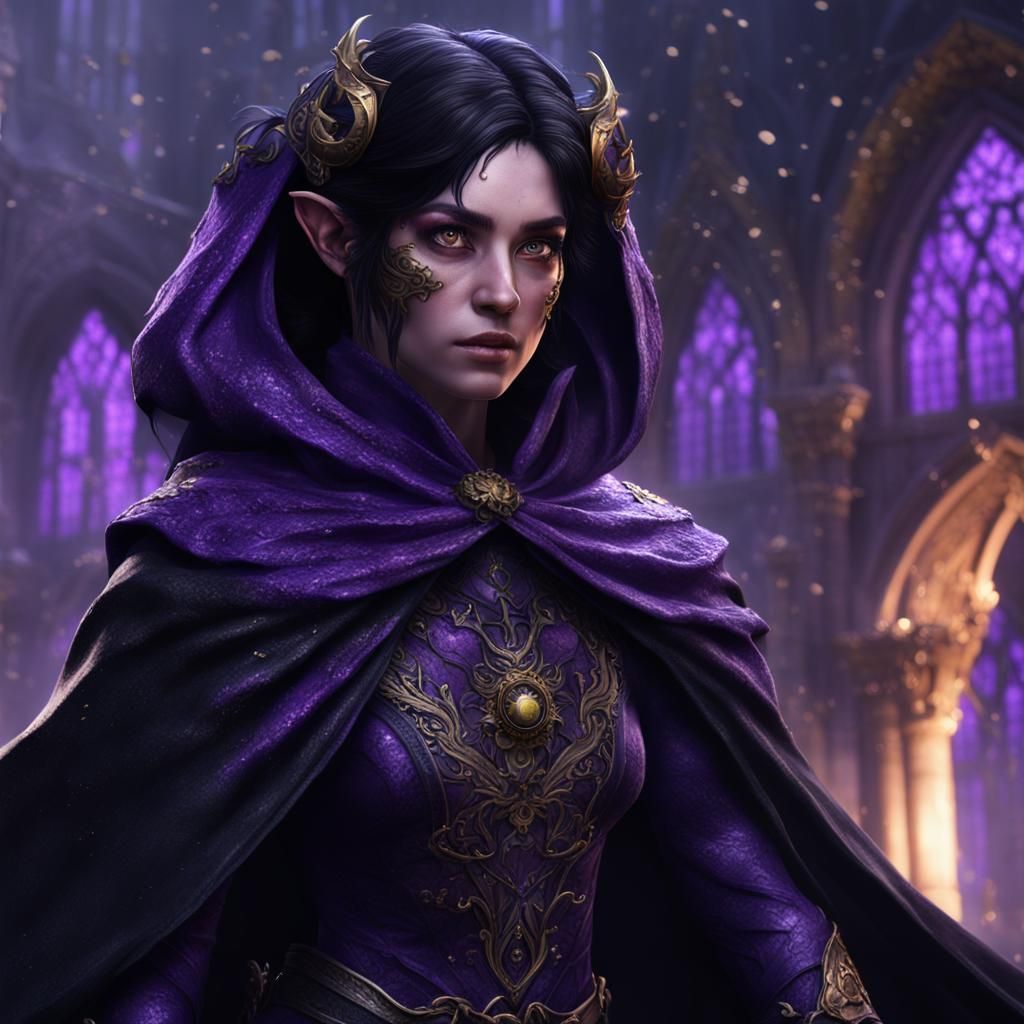 Purple Tiefling with Black Cape: Detailed Digital Art