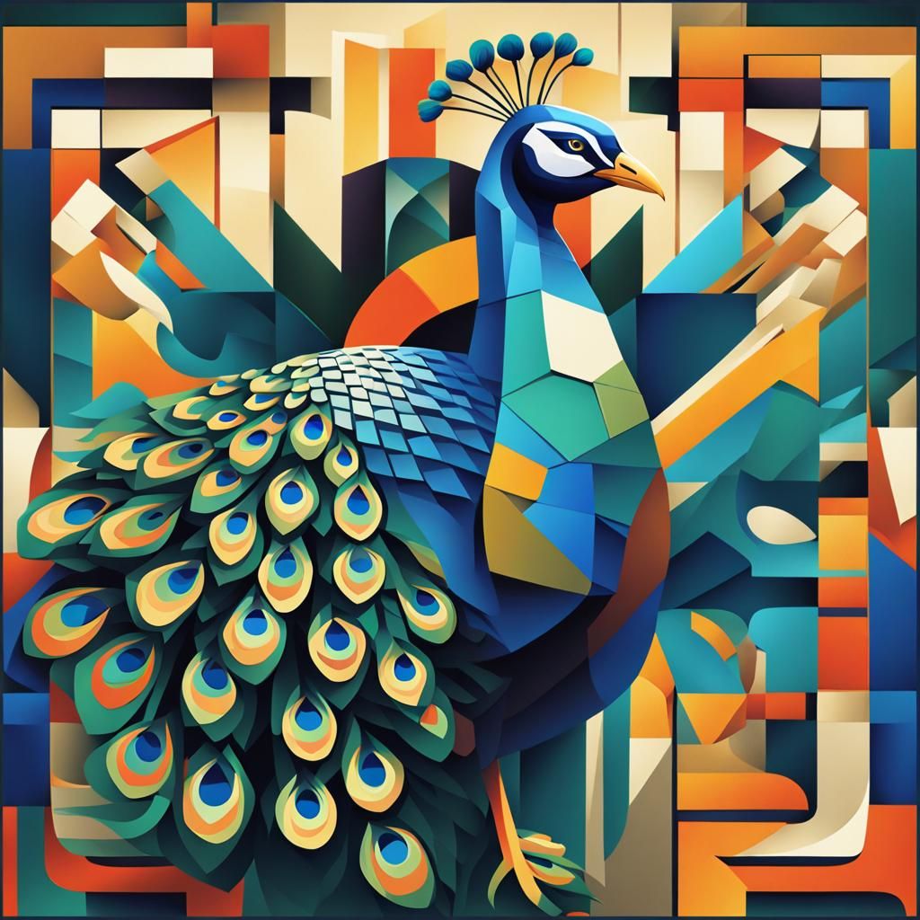 Cubist Peacock in Geometric Art Deco Style