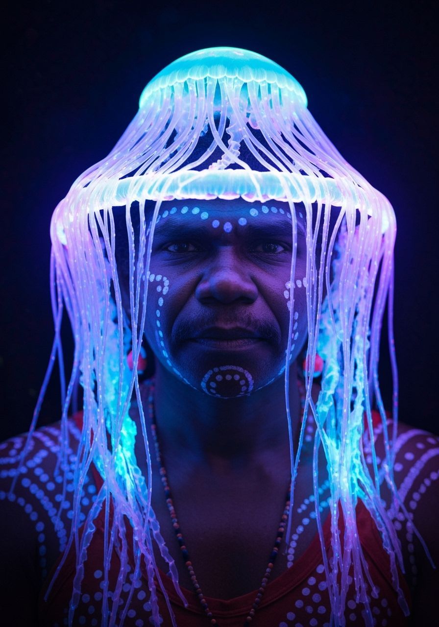 Aboriginal Portrait with Glowing Jellyfish Hat