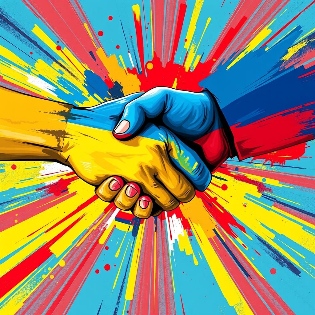 Handshake for Peace in Vibrant Ukraine and Russia Colors