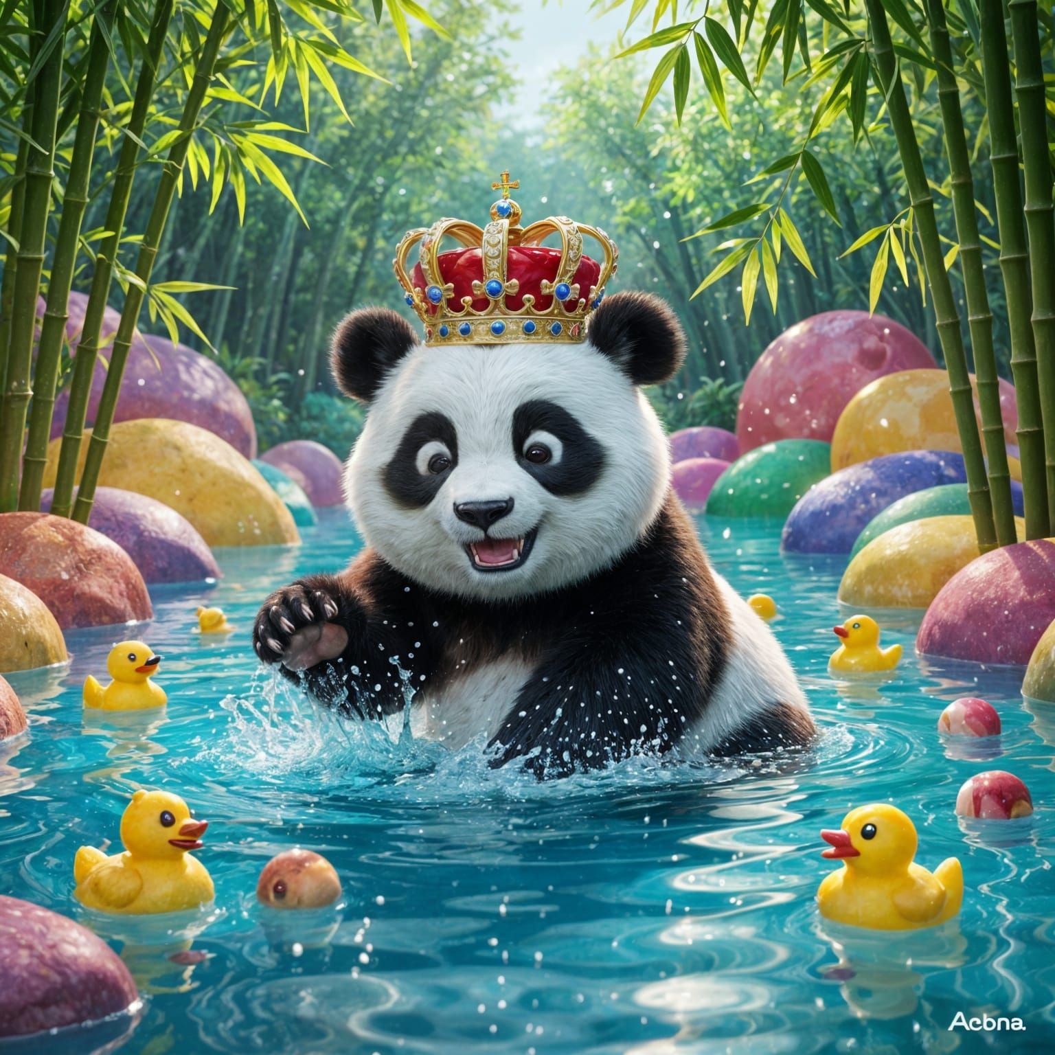 Crowned Panda Splashing with Duckies in 3D Anime Style