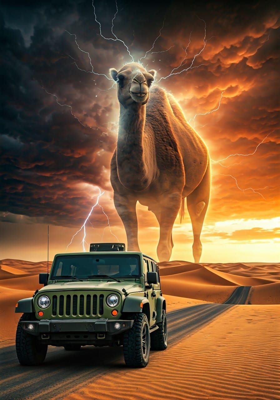 Army Jeep and Colossal Camel in Desert Storm