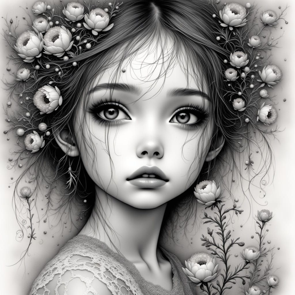 Melancholic Girl in Surreal Black and White Illustration