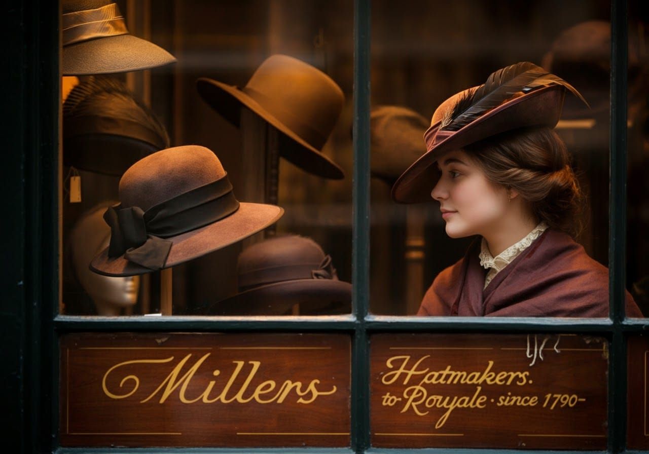 Woman Gazing at Hats in Millers Shop Window