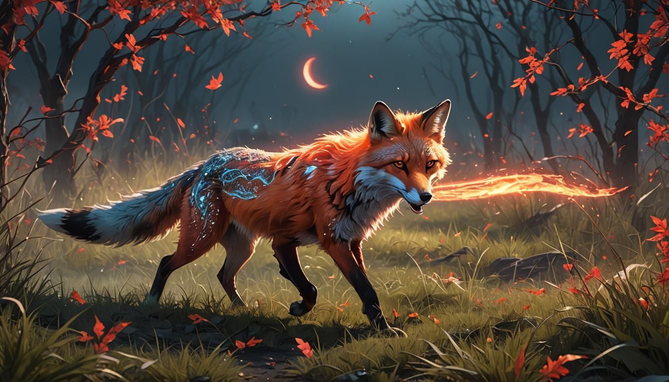 Glowing Spirit Fox Rushing Under Red Moon