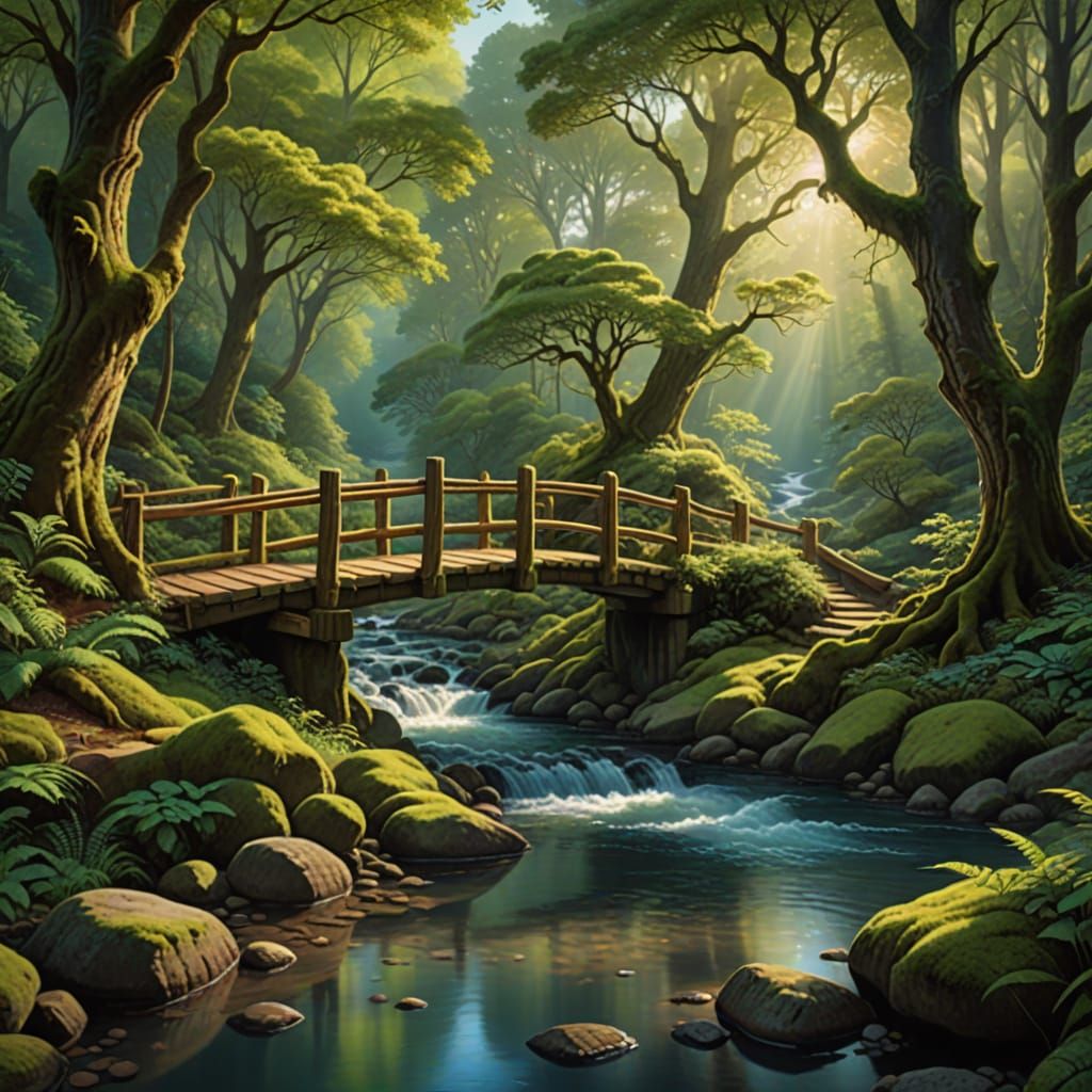 Enchanted Forest River with Wooden Bridge at Golden Hour