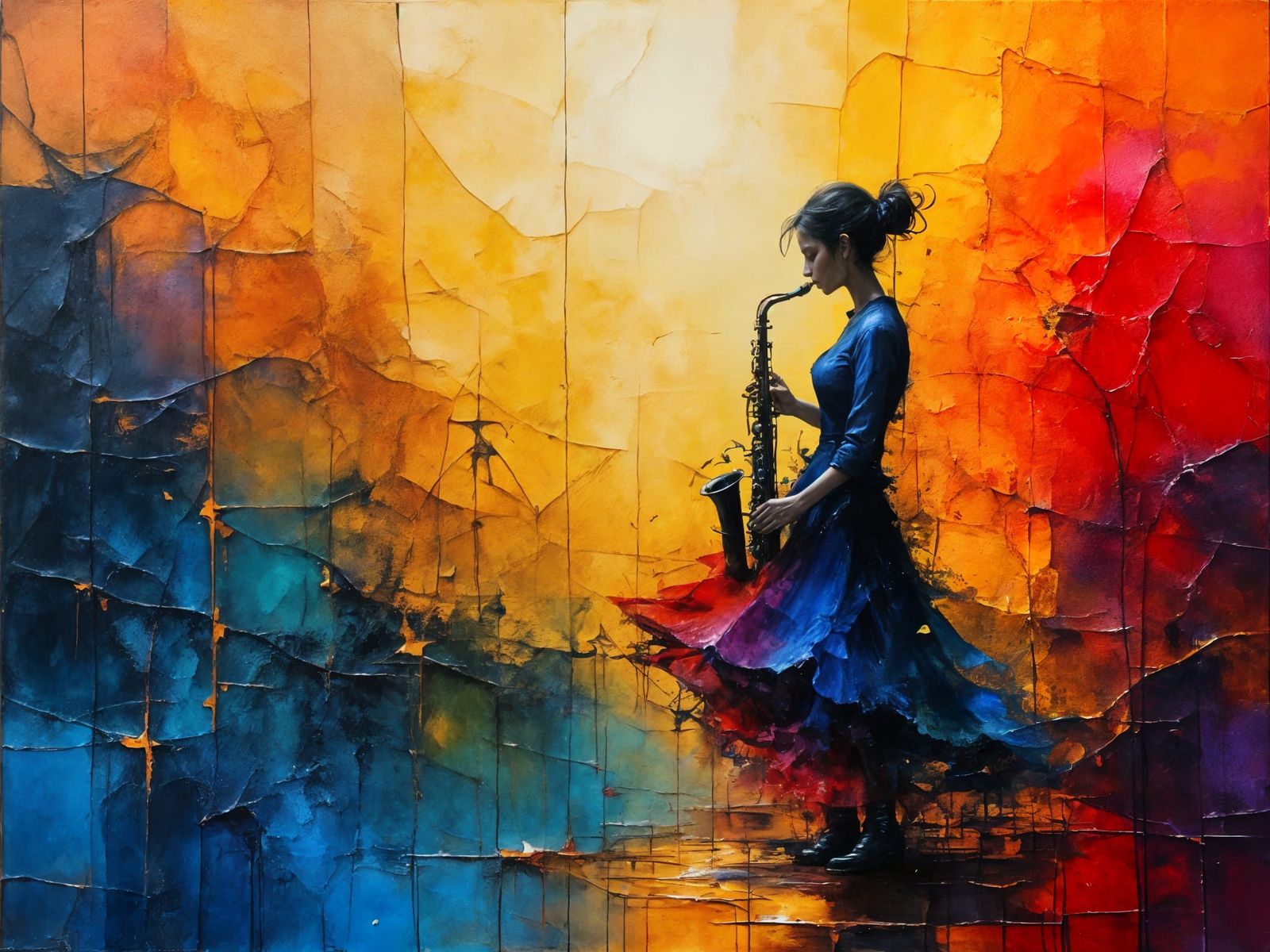 Expressionist Jazz Musician with Saxophone on Abstract Stage