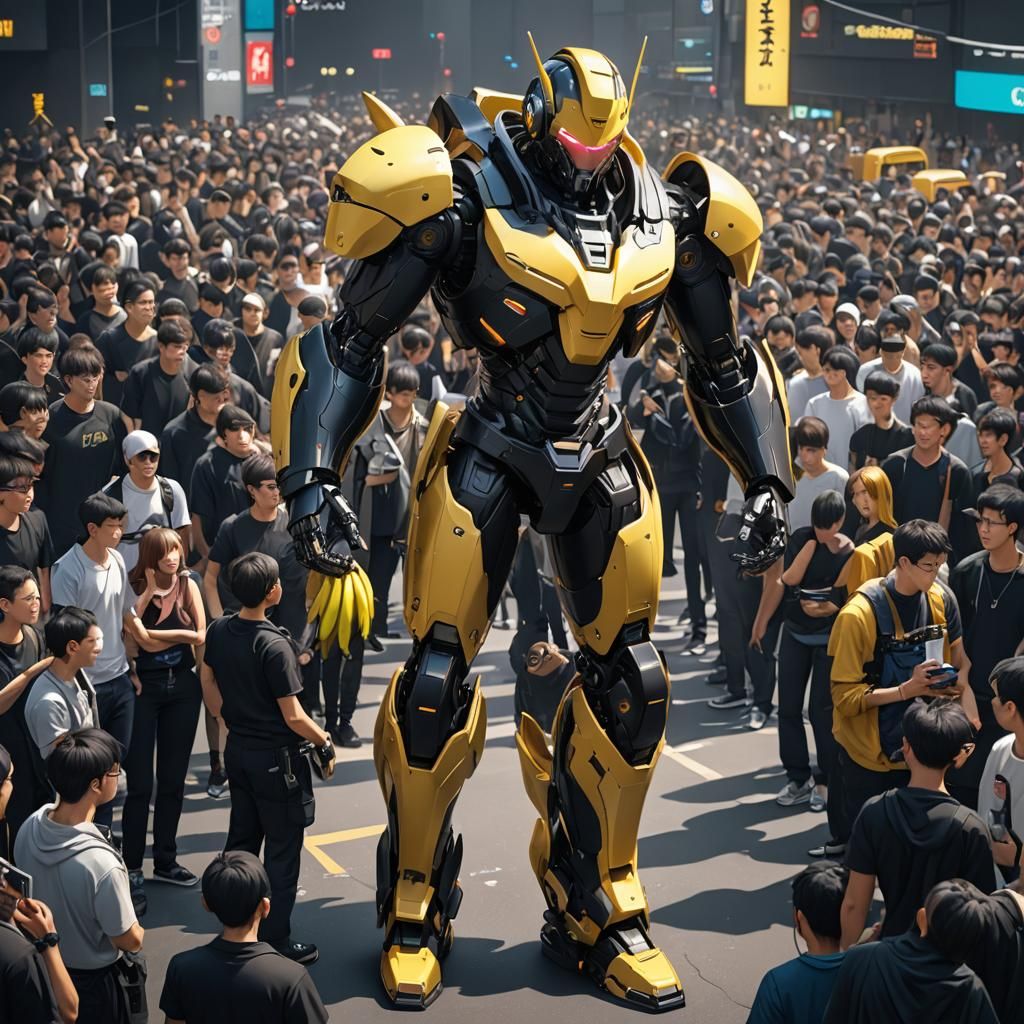 Anime-Style Cyberbot with Banana, 3D Rendered