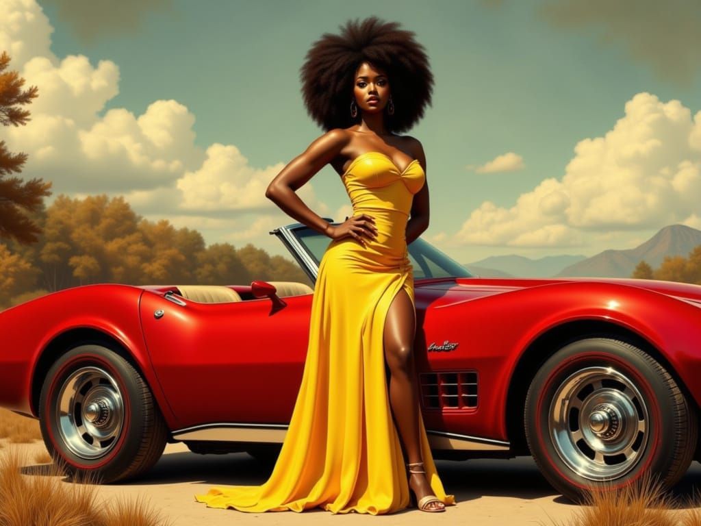 African American Woman in Yellow Dress with Corvette