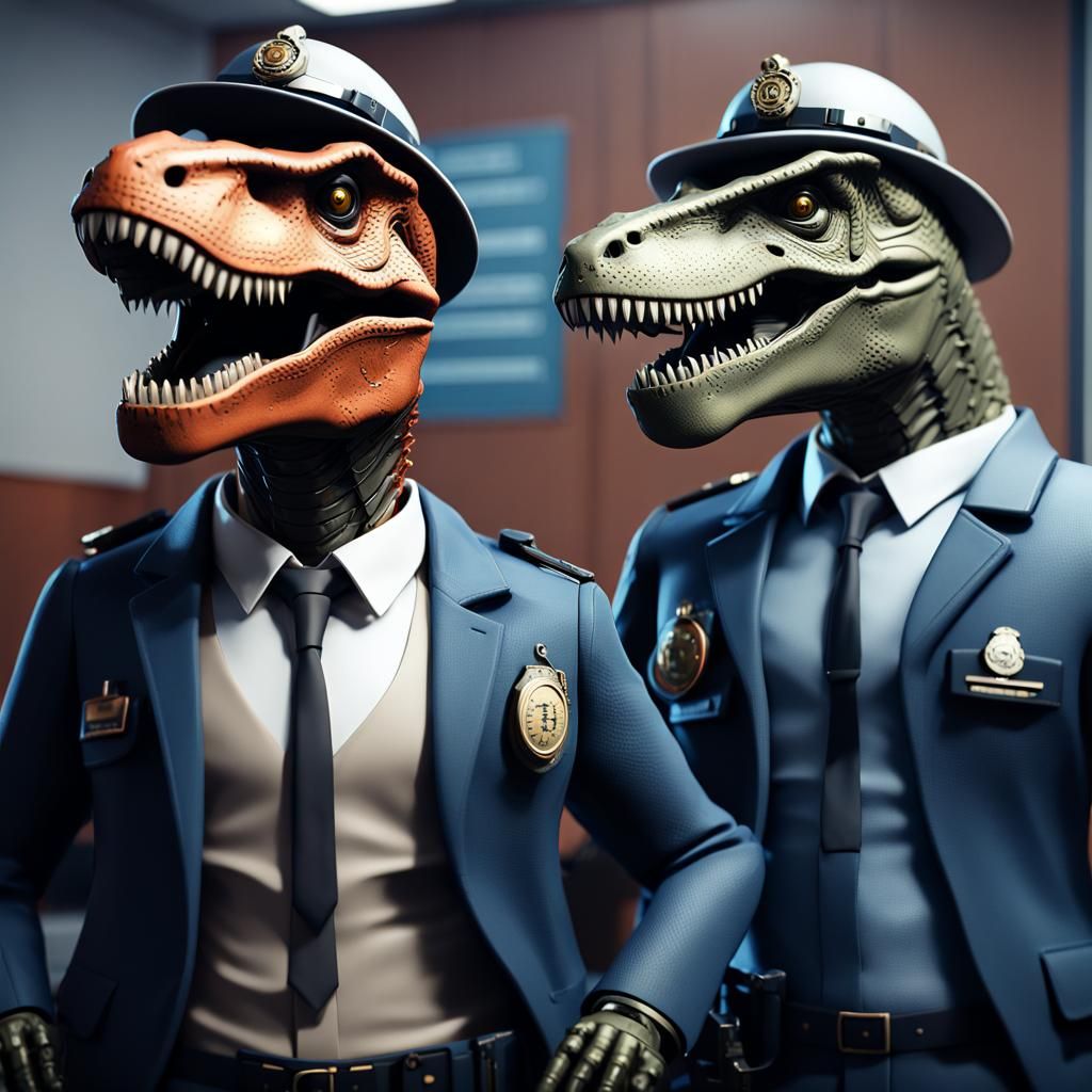 T-Rex Detectives at British Police Station in Sci-Fi Style