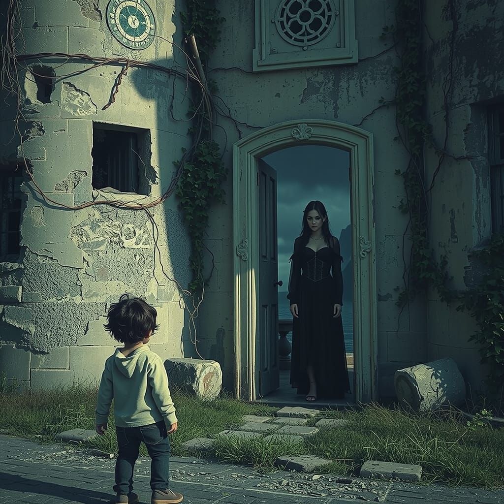 A Young Girl Approaches a Creepy Ancient Tower