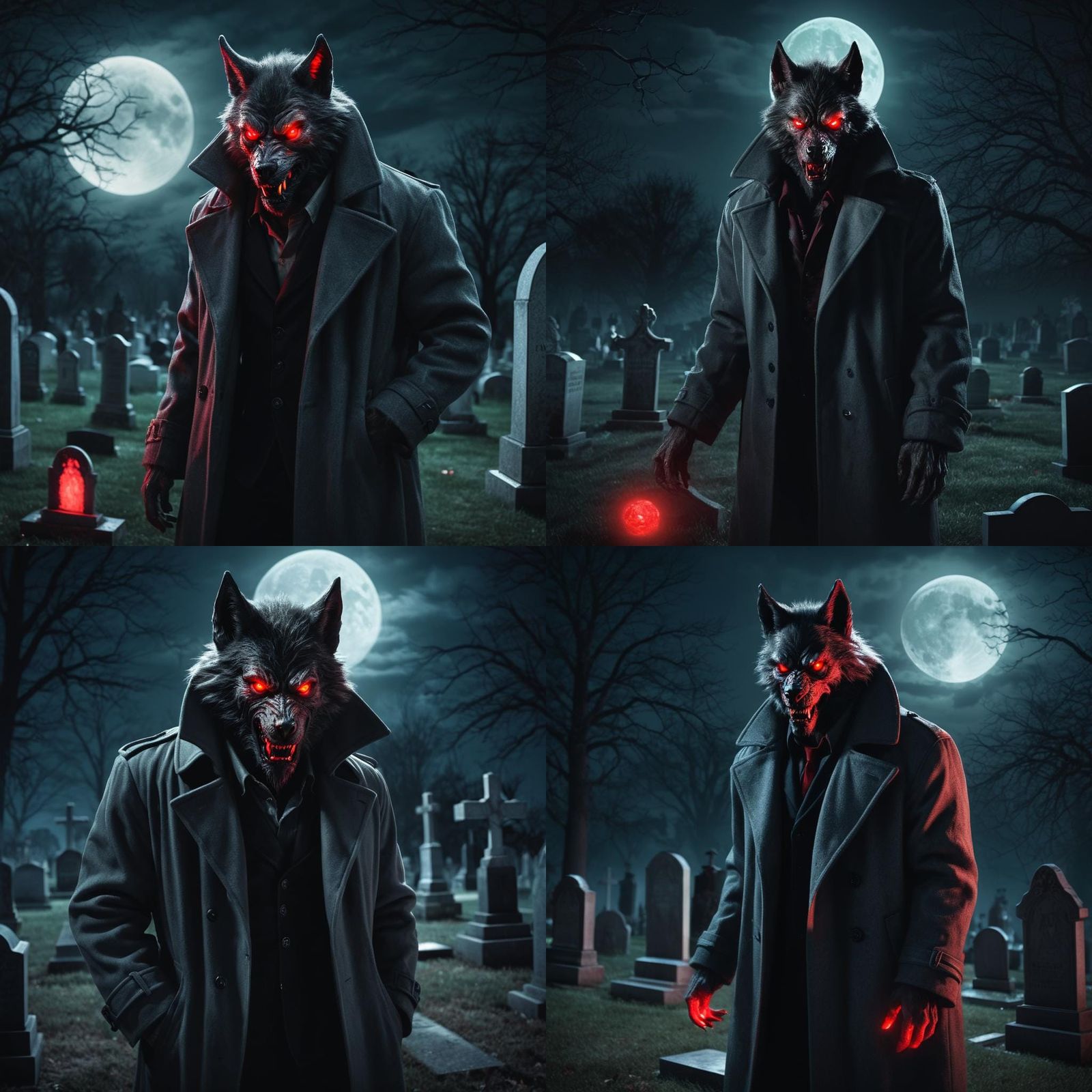 Moonlit Werewolf with Glowing Eyes in Cemetery