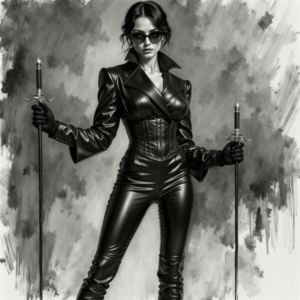 Charcoal Portrait of a Confident Woman with Whips