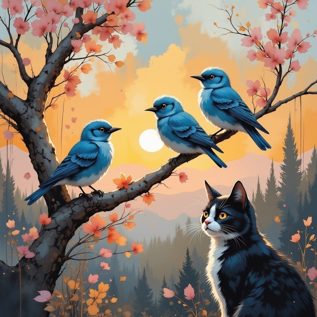 Birds, Cat, and Cherry Tree in Dutch Realism Style