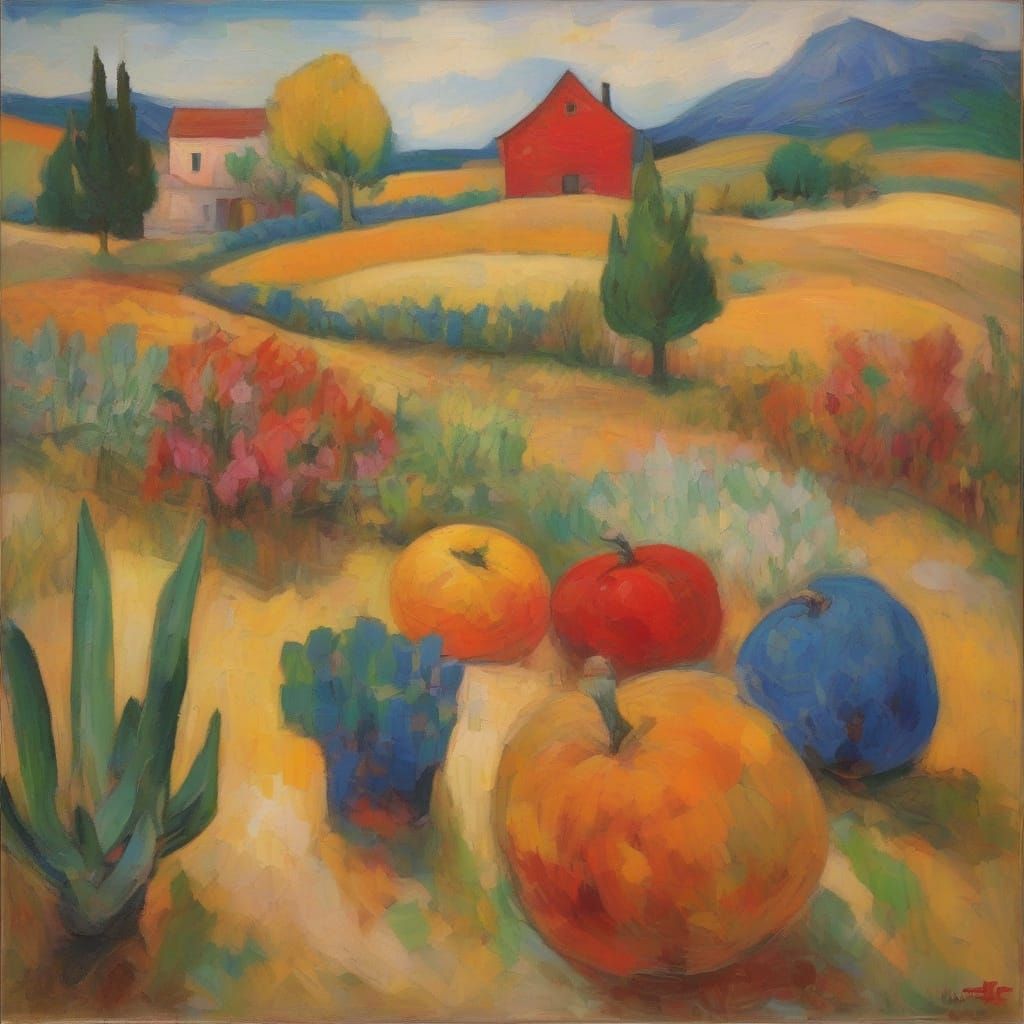 Expressionist Farmstand in El Greco and Klee Styles