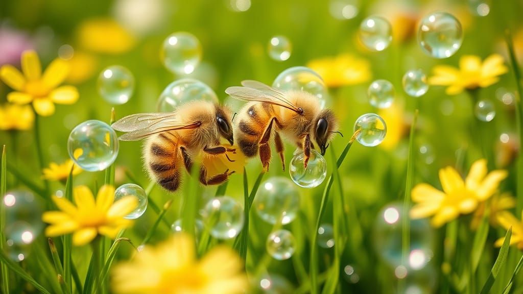 Sleepy Bees in Bubbles, Sunny Meadow Scene