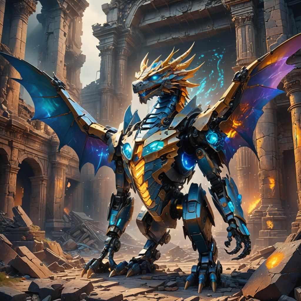 Robot Dragon Amidst Ancient Ruins: Matte Painting