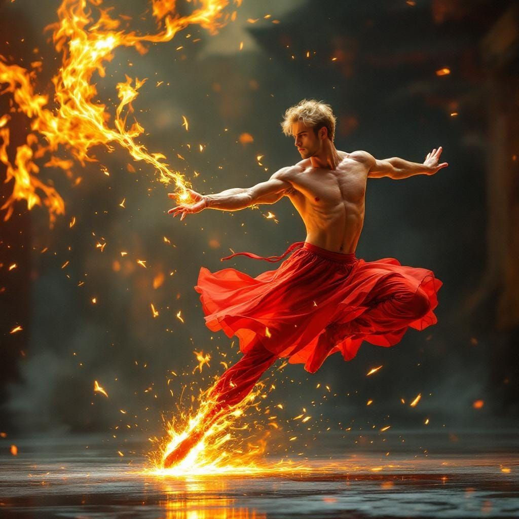 Balletic Fire Dancer Mid-Air Pirouette