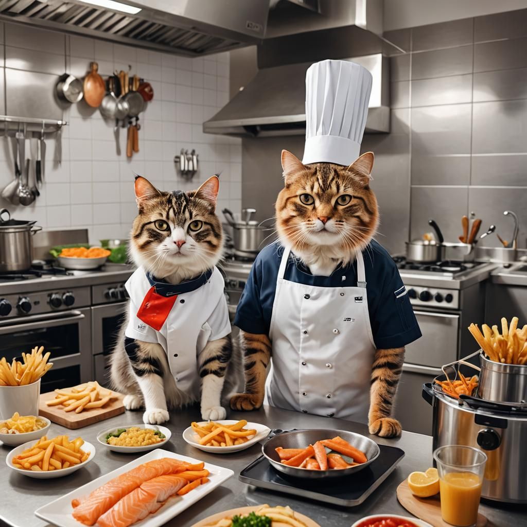 Chef Cat Cooking Salmon in a Kitchen