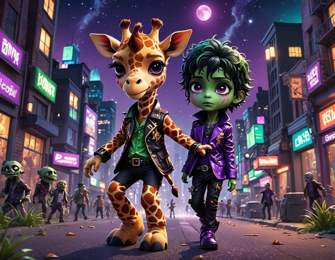 Giraffe Dances with Zombies in Chibi Anime Style