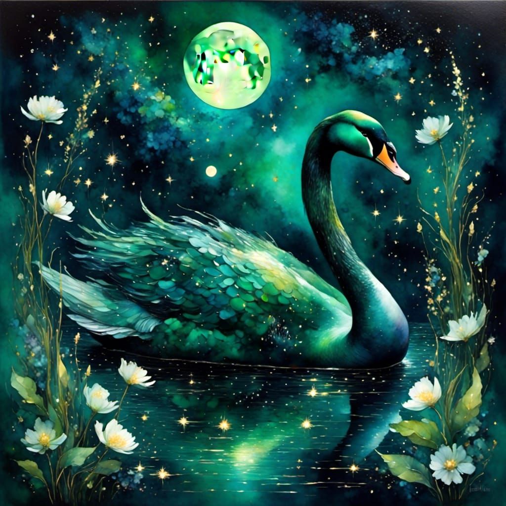 Ethereal Green Swan in Dark Watercolor Style