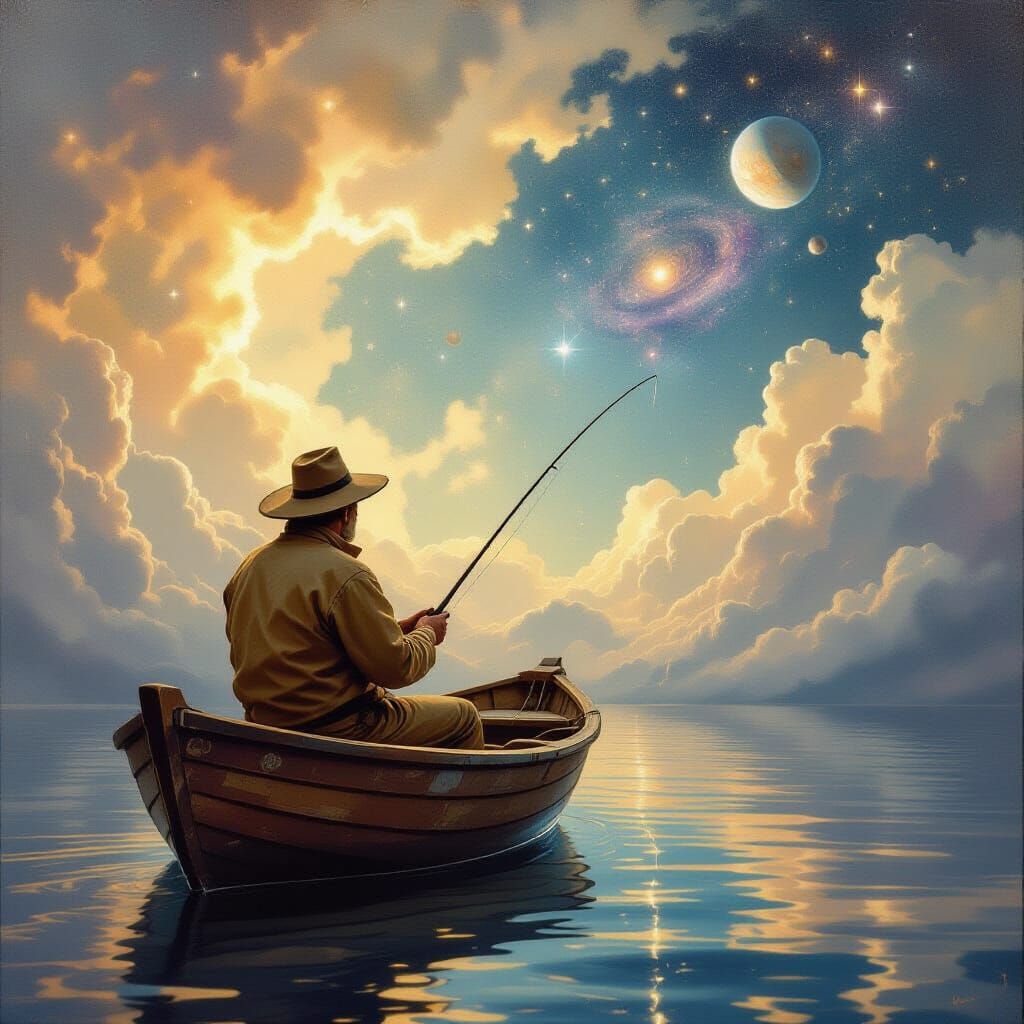 Fisherman Casting Line Into Nebula Amidst Cosmic Wonders
