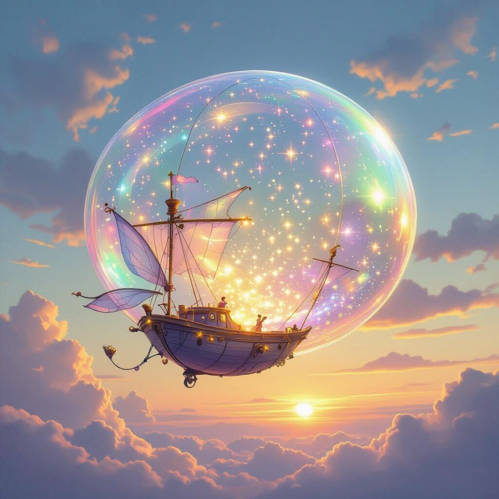 Iridescent Fairy Airship Bubble in Pastel Dawn Sky
