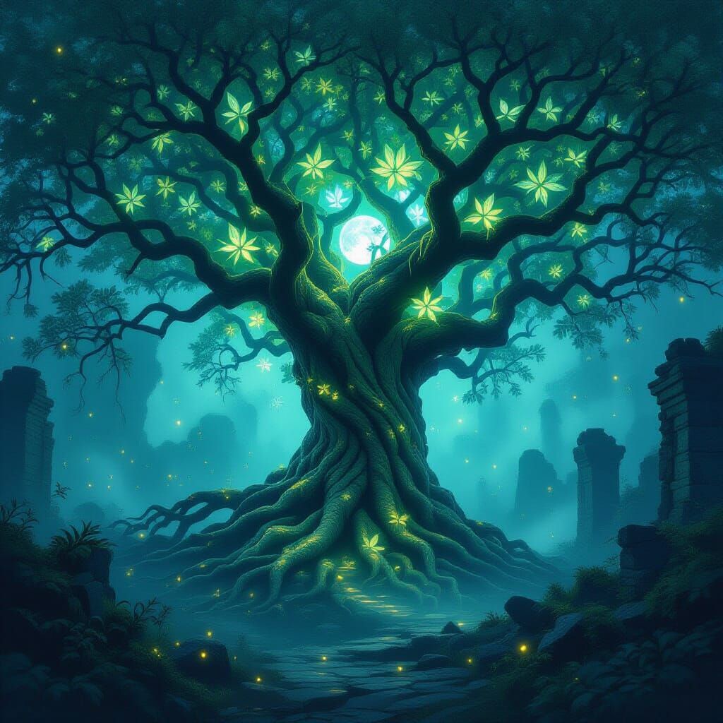 Ancient Bioluminescent Tree With Ruins In Misty Forest