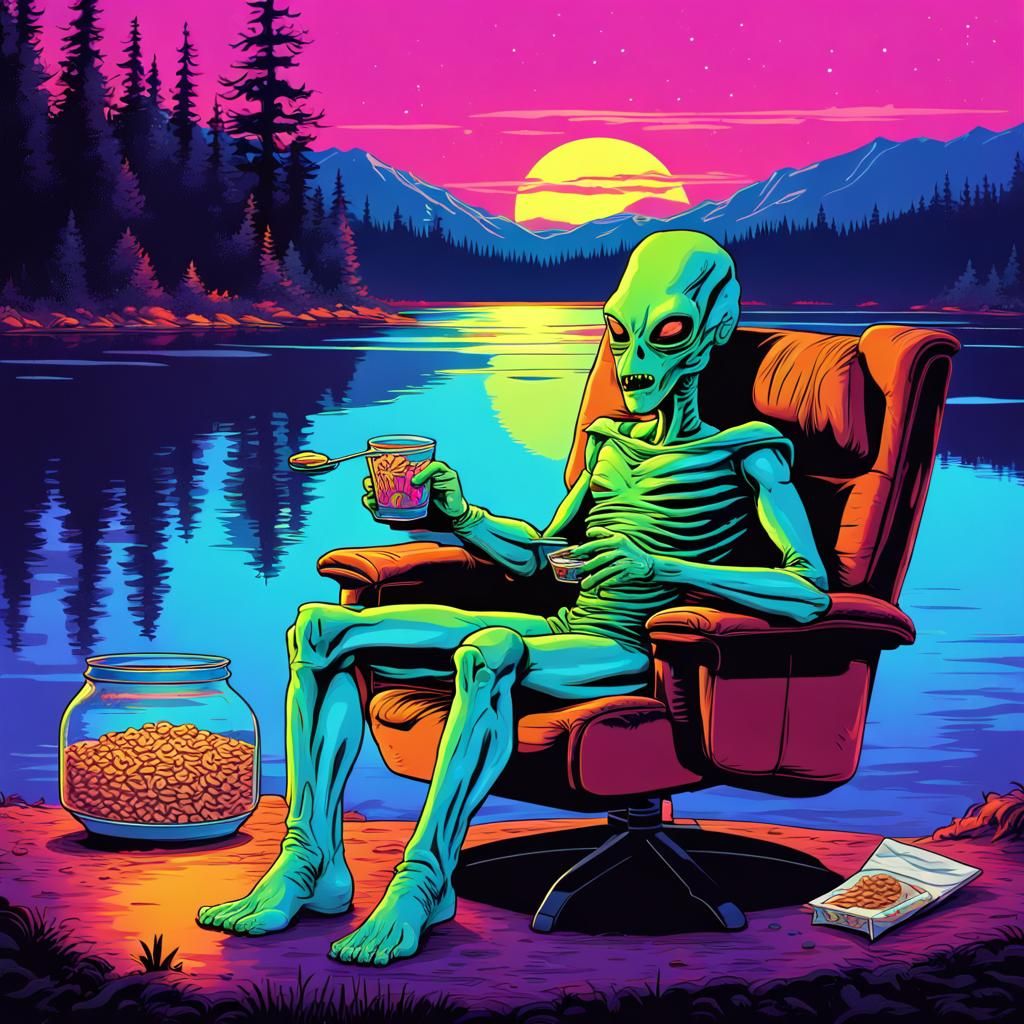 Synthwave Alien Relaxing by a Lake