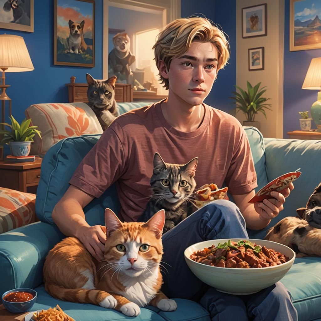Cozy Boy with Pets, Pixar-Inspired CGI Art