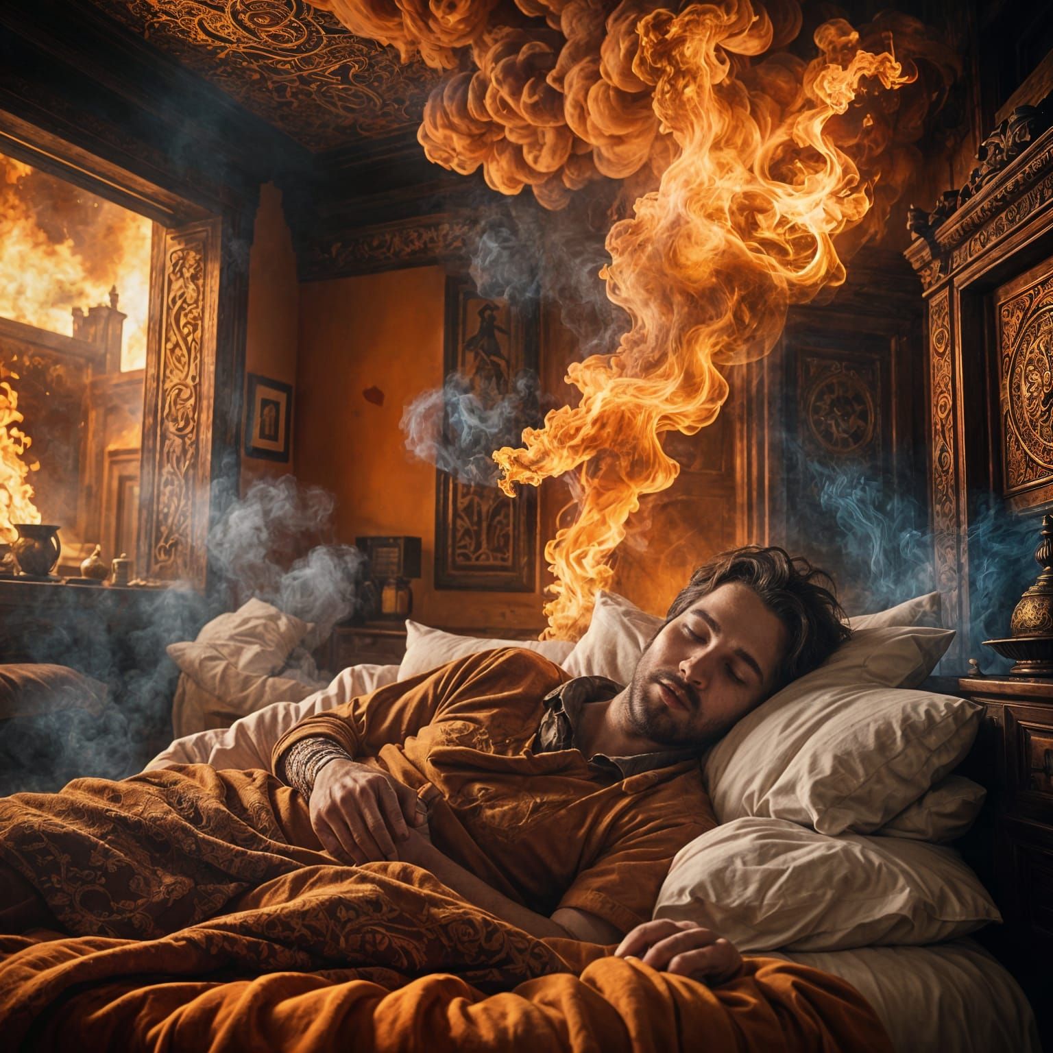 Man Asleep Amidst Approaching Fire, Detailed Matte Painting