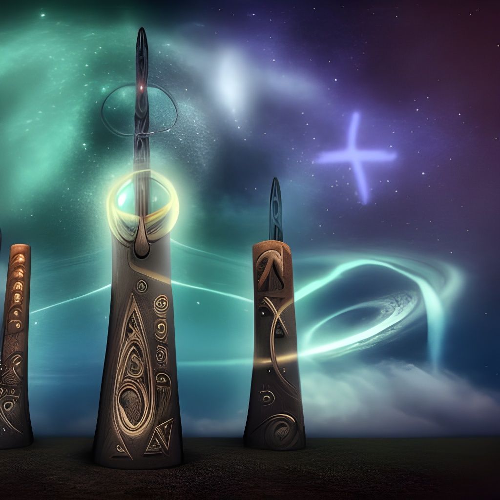 Totem Gods Ascend Through Starry Night Sky
