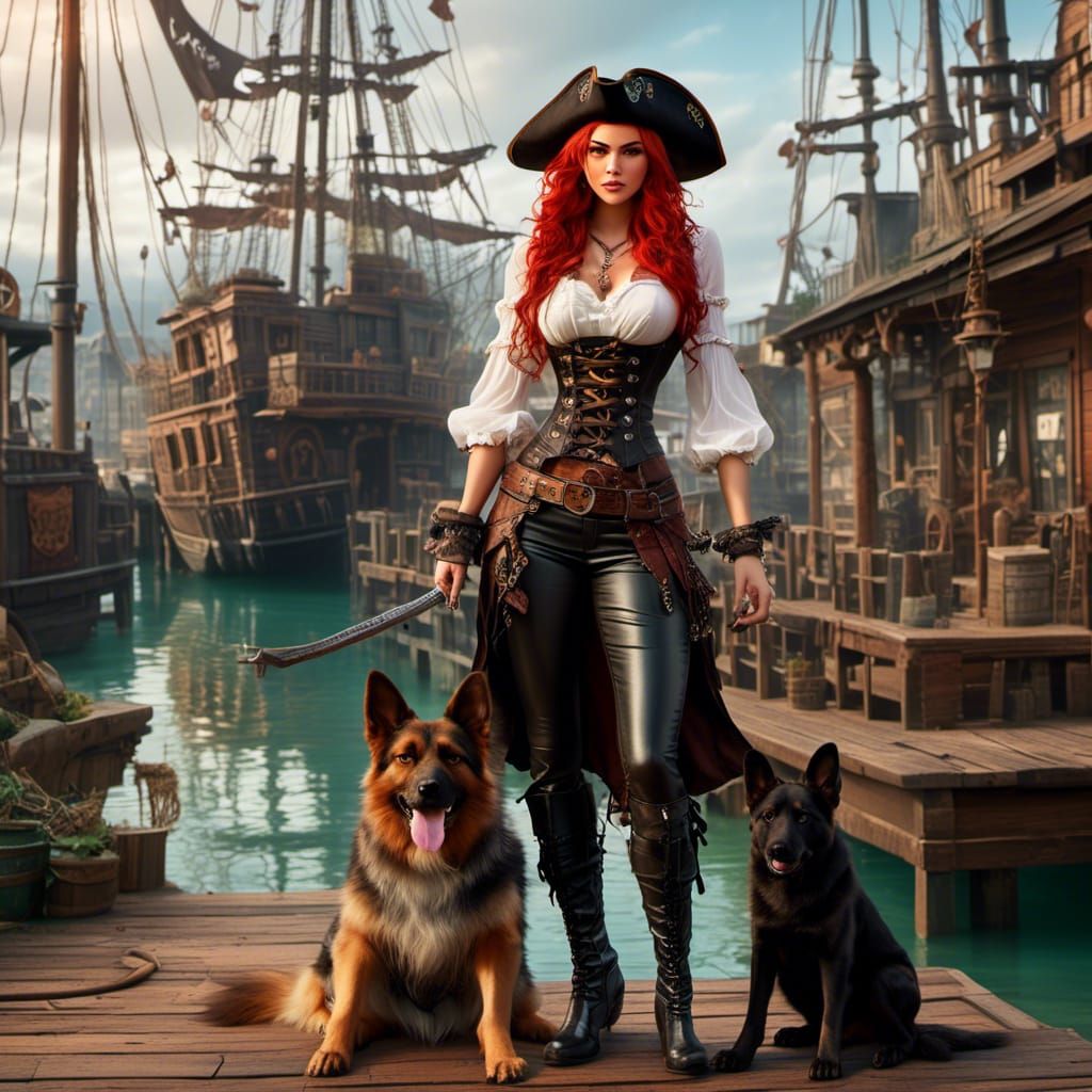 Thin female pirate, pirate hat, red hair , bright green eyes, silver jewelry, white blouse, black  leather skirt, black ...