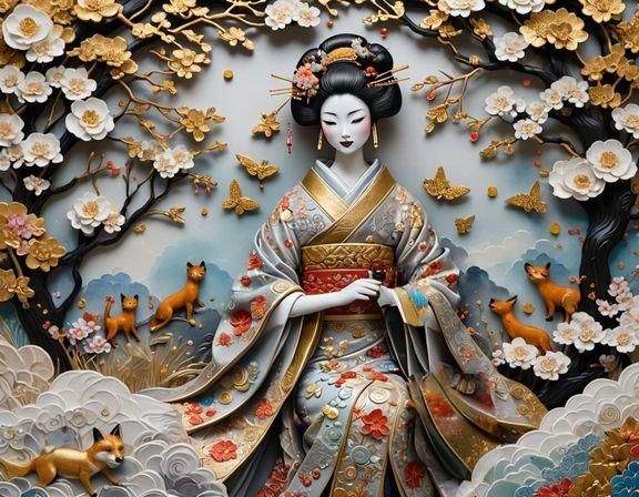 Japanese Geisha in Neo-Impressionist Mixed Media