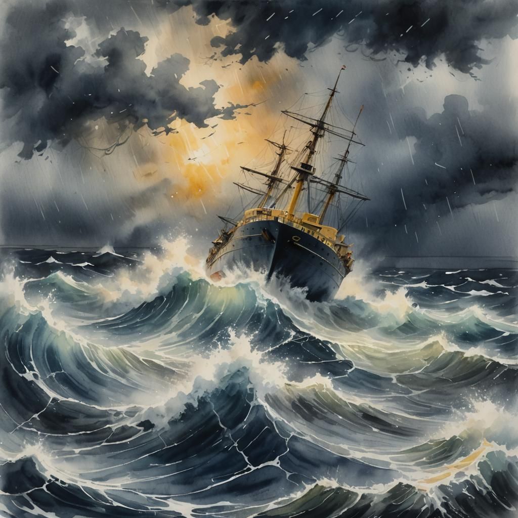 Ship in Ocean Storm: Expressive Watercolor Painting