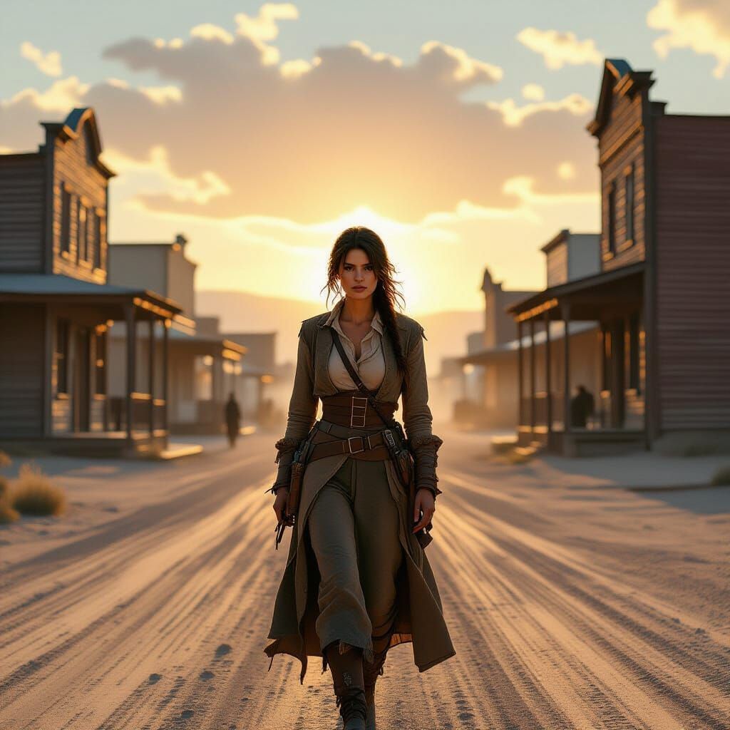 Lone Woman in Frontier Town at Sunset, Impressionistic Style