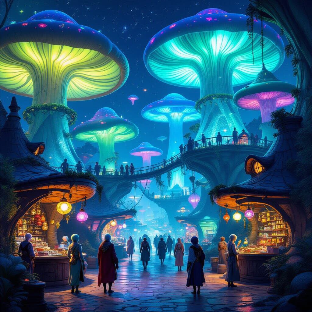 Fantastical Mushroom City Market with Alien Vendors