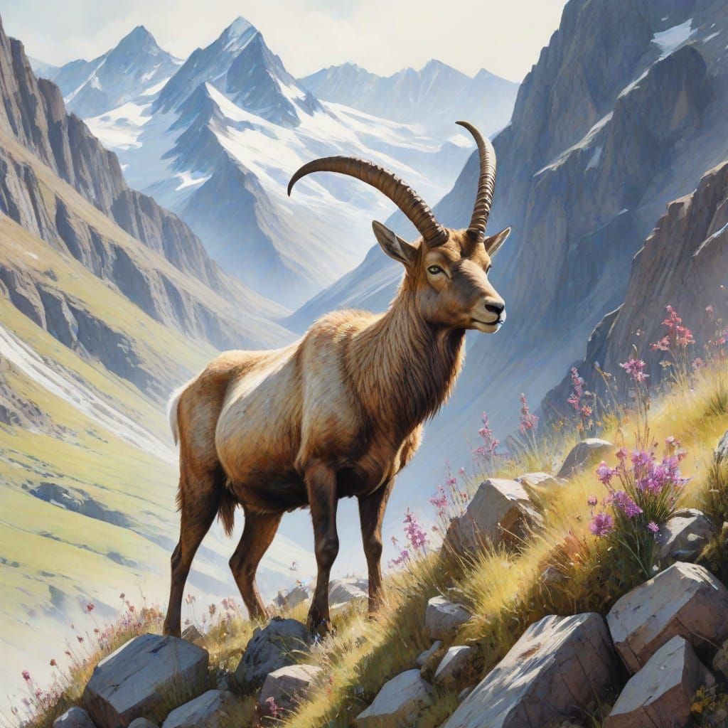 Serene Alpine Landscape with Majestic Ibex