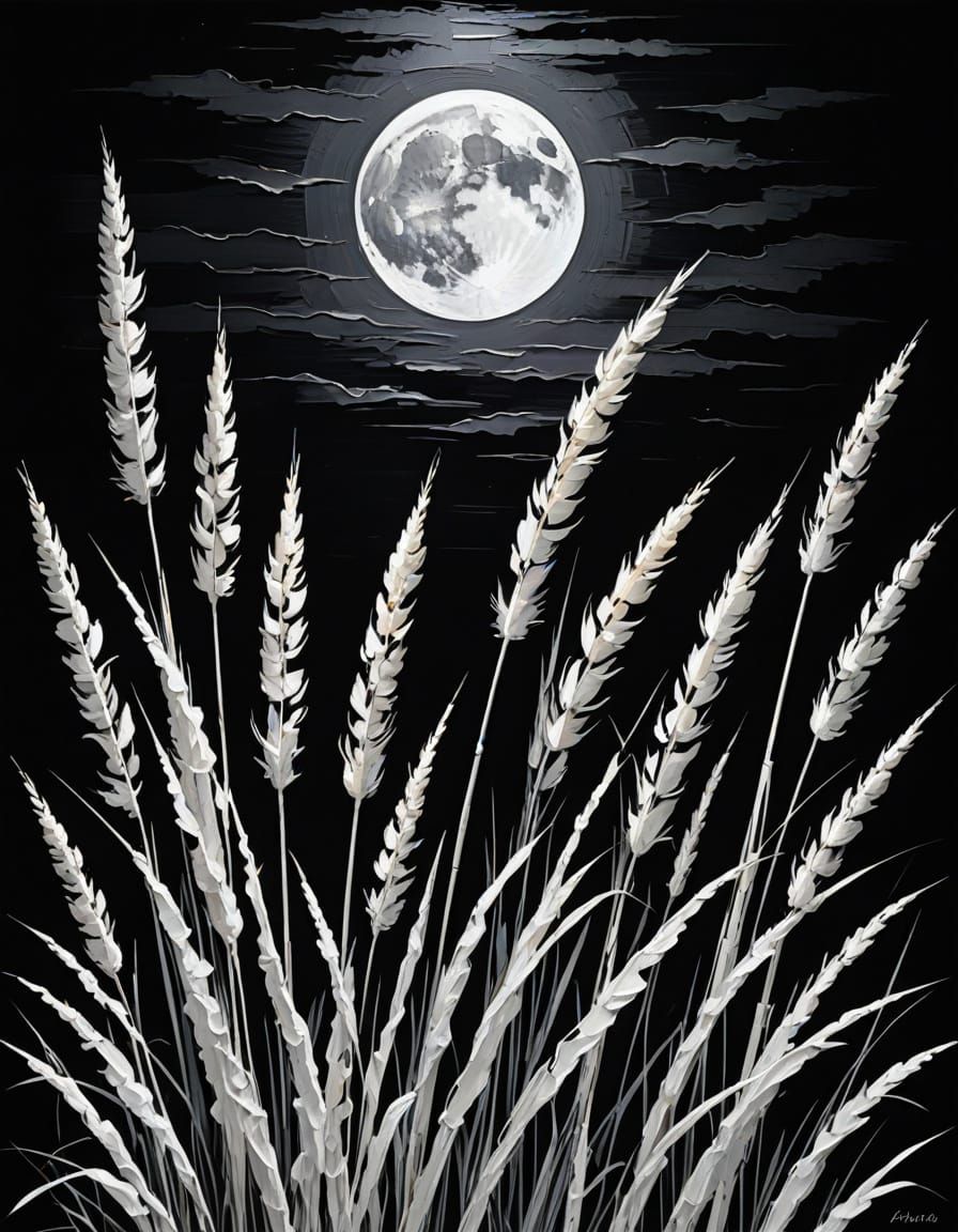 Impasto Moonlit Reeds in White and Black