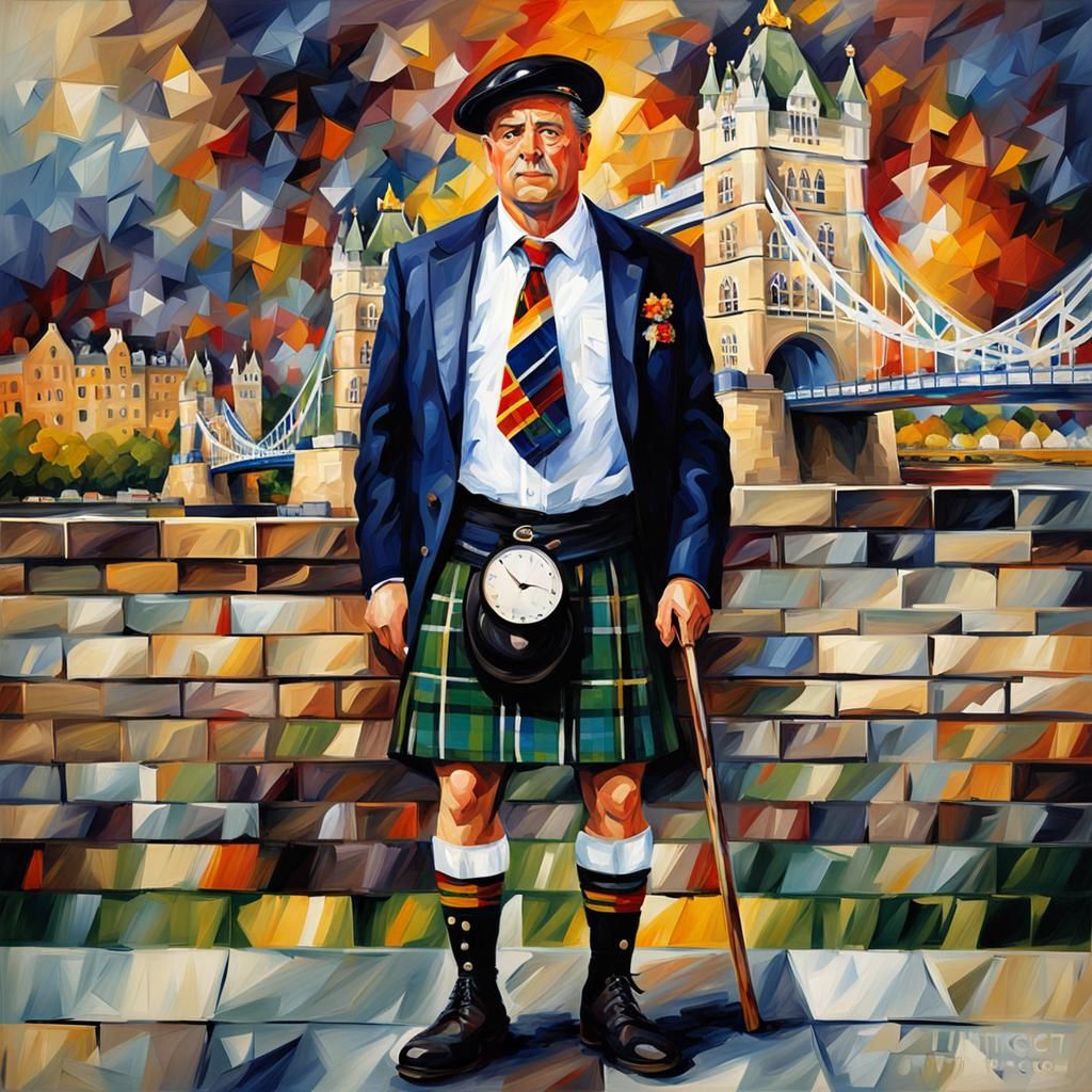 Tower Bridge Kilt Figure: Afremov-Inspired Palette Knife Art