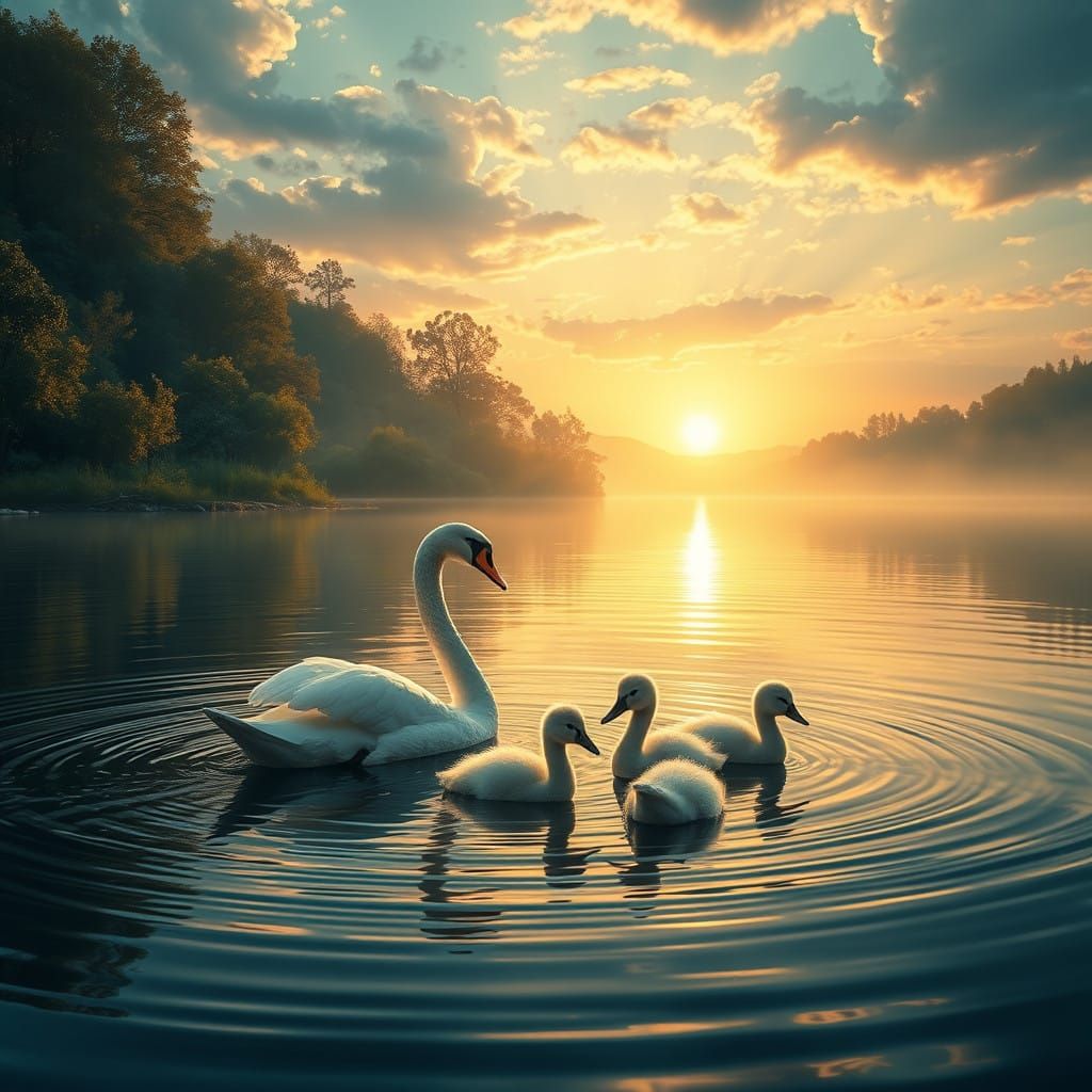 Ethereal Swan Family in Sunrise Glory